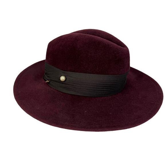 Betmar New York Accessories - VTG BETMAR New York Fedora Hat For Women 7.5" Felt Wool Wide Brim Pearl Burgundy
